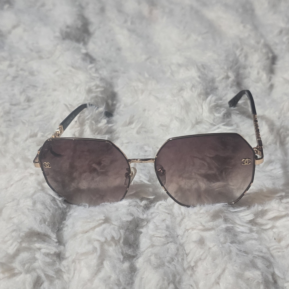 CHANEL Hexagonal Sunglasses with Gold Accents